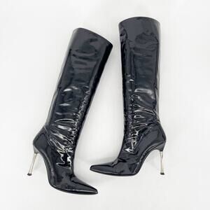 Vintage Gucci Tom Ford F/W 1997 Black Patent Metal Heel Knee High Boots EU 38C